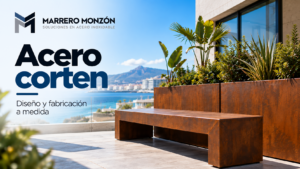 Banco y jardineras de acero corten a medida en terraza con vistas, fabricados por Marrero Monzón en Gran Canaria