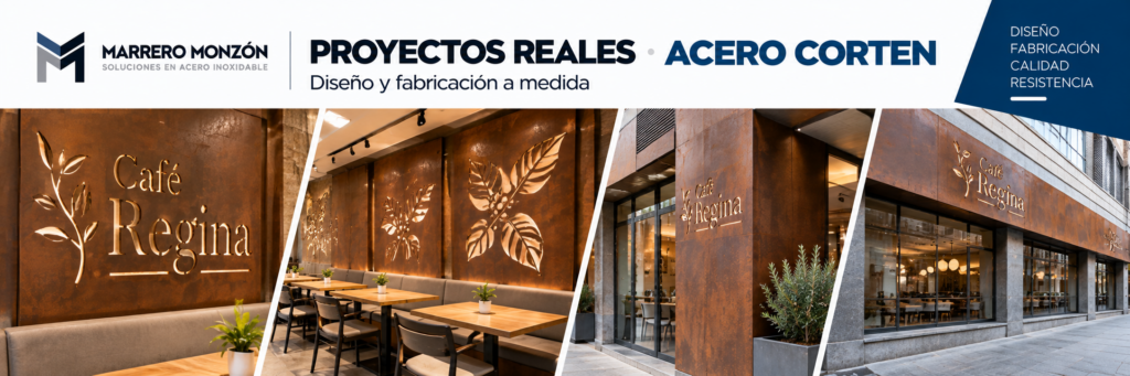 Mobiliario y revestimiento en acero corten a medida instalado en el Café Regina, fabricado por Marrero Monzón