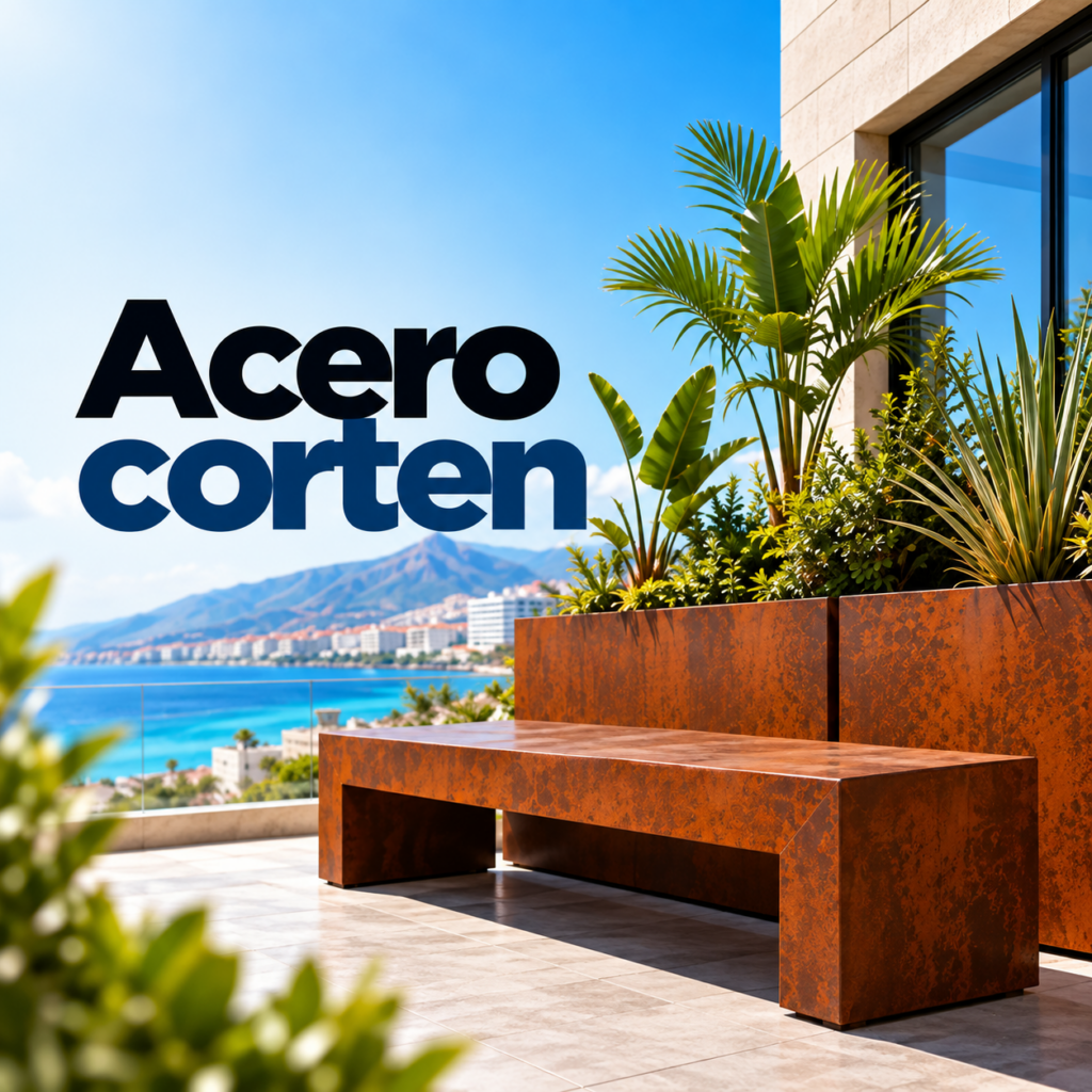 Banco y jardineras de acero corten a medida en terraza con vistas, fabricados por Marrero Monzón en Gran Canaria