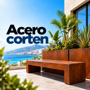 Banco y jardineras de acero corten a medida en terraza con vistas, fabricados por Marrero Monzón en Gran Canaria