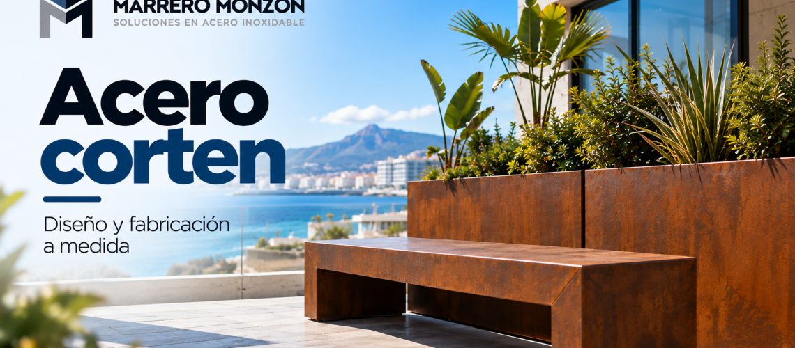 Banco y jardineras de acero corten a medida en terraza con vistas, fabricados por Marrero Monzón en Gran Canaria