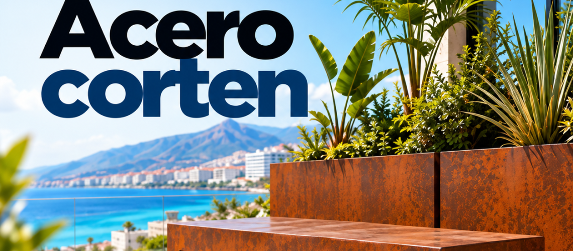 Banco y jardineras de acero corten a medida en terraza con vistas, fabricados por Marrero Monzón en Gran Canaria